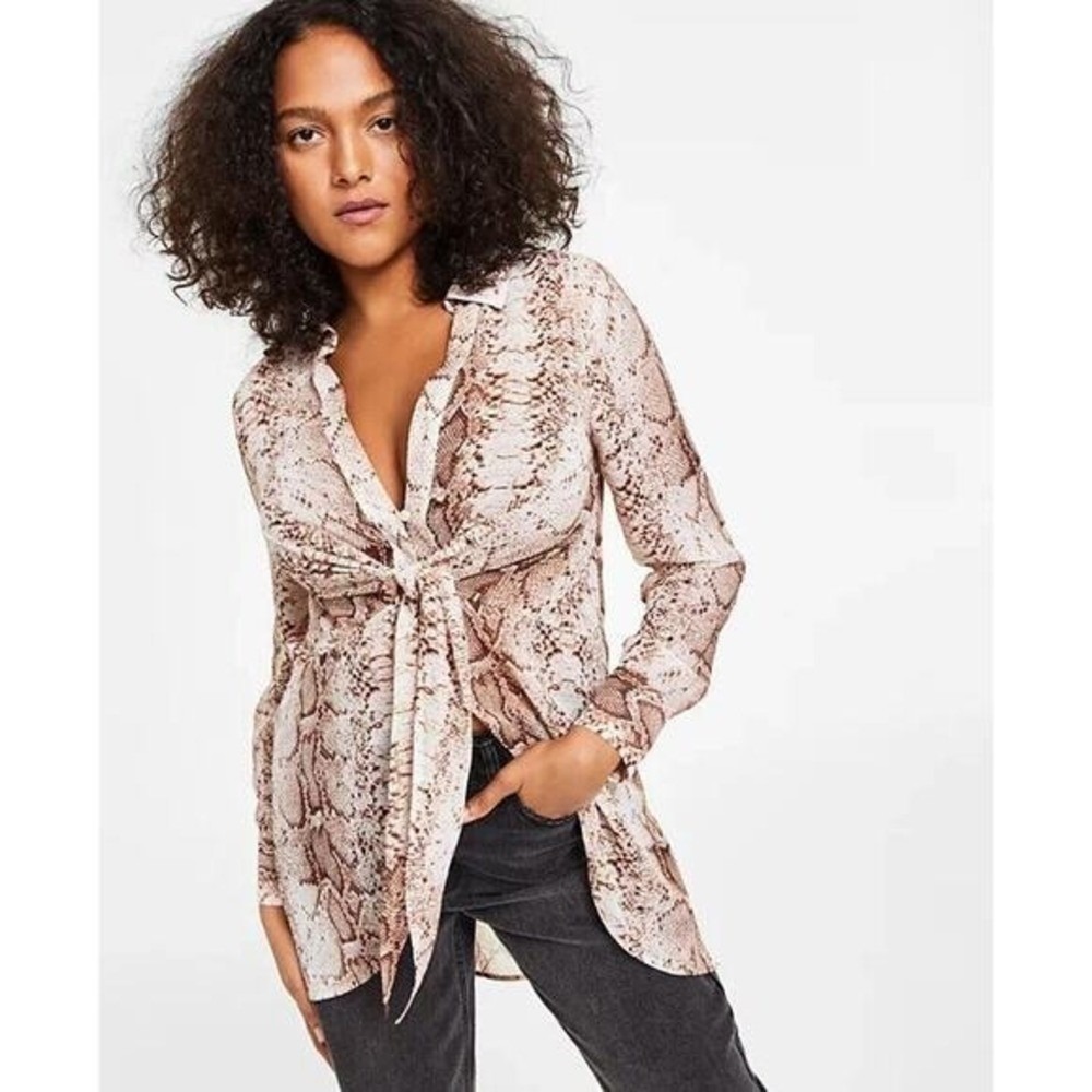 Bar III Tie-Front Top Size XXS Snake Python Print Women's Tan Brown
